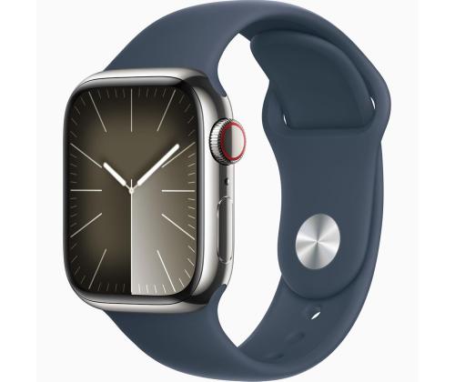 Apple Watch Series 9 GPS + Cellular, 41 mm, urheiluranneke, S/M, hopea, ruostumaton teräs / sininen - Älykello - Smartwatch