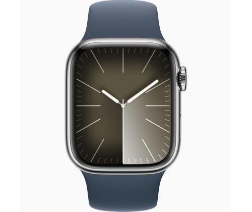 Apple Watch Series 9 GPS + Cellular, 41 mm, urheiluranneke, S/M, hopea, ruostumaton teräs / sininen - Älykello - Smartwatch