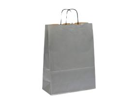 Paperipussi, jossa paperinauhakahva 320x140x420 mm, 100 gsm, hopea voimapaperi
