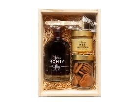 Käsityöhunaja-setti puisessa lahjarasiassa: Metsämarja-hunajaglögi 500 ml (alkoholiton)
