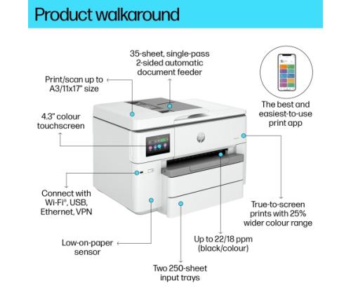 HP OfficeJet Pro 9730e Mustesuihkutulostin Värillinen monitoimilaite A3 22 ppm USB Wi-Fi Ethernet LAN