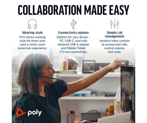 POLY Blackwire 3225 Langalliset stereokuulokkeet USB-C, 3,5 mm:n liitin, +USB-C/A-sovitin (irtotavarana)