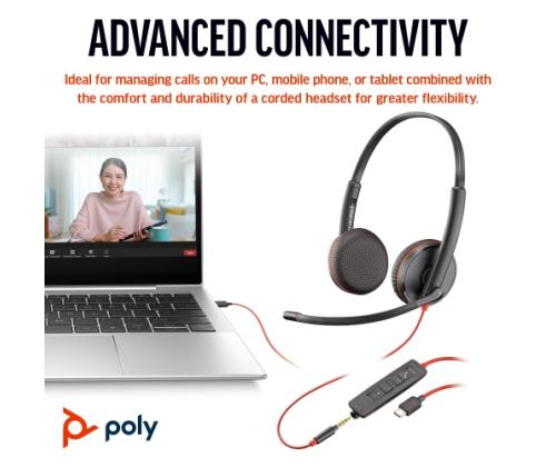 POLY Blackwire 3225 Langalliset stereokuulokkeet USB-C, 3,5 mm:n liitin, +USB-C/A-sovitin (irtotavarana)