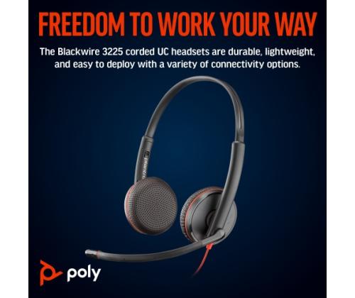 POLY Blackwire 3225 Langalliset stereokuulokkeet USB-C, 3,5 mm:n liitin, +USB-C/A-sovitin (irtotavarana)