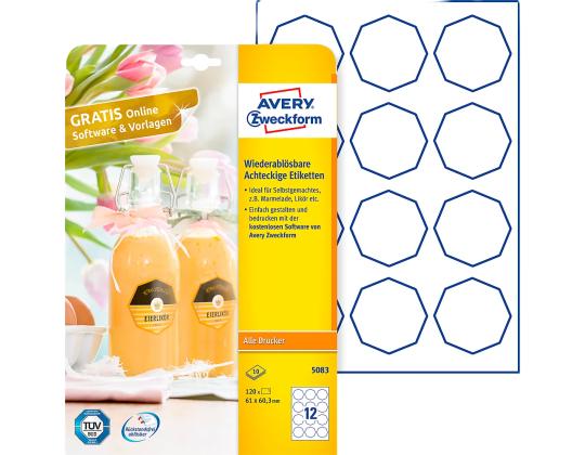 Tarratarra AVERY Zweckform 61x60,3mm 10 arkkia irrotettava kahdeksankulmainen (5083)