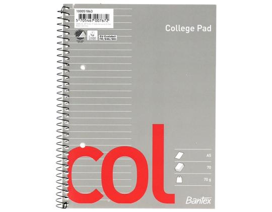 Kansio kierresidoksessa A5+ vuorattu BANTEX College Pad -pahvi kattaa 70 sivua