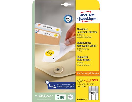 Tarratarra AVERY Zweckform 25,4x10mm 189 sivulla, 25 sivua irrotettava (L4731-25)