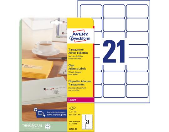 Tarratarra AVERY Zweckform 63,5x38,1mm läpinäkyvä polyesterikalvo 25 arkkia (L7560-25)