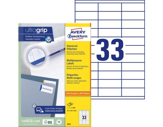 Kopio-lasertarra 70x25,4mm 100 arkkia/ltk. ZW 3421E 33-osainen