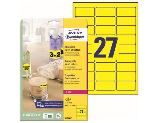 Tarratarra irrotettava AVERY Zweckform 63,5x29,6mm 25 arkkia per pakkaus neonkeltainen (L6004REV-25)