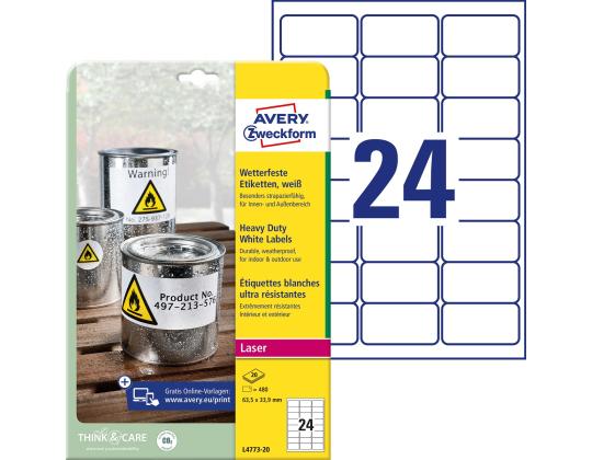 Tarratarra polyesterikalvosta säänkestävästä AVERY Zweckform 63,5x33,9mm 20 l pysyvällä liimalla (L4773-20)