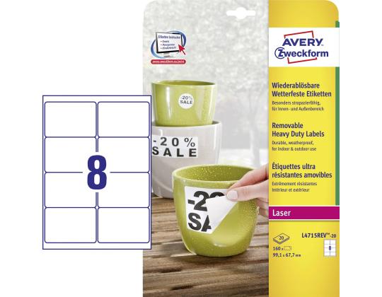 Tarratarra polyesterikalvosta säänkestävästä AVERY Zweckform 99,1x67,7mm 20l pakkaus irrotettavalla liimalla (L4715REV-20)