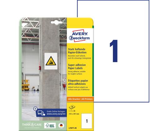 Tarratarra teollinen AVERY Zweckform 210x297mm 20 arkkia pakkauksessa erittäin vahvalla liimalla (L7877-20)