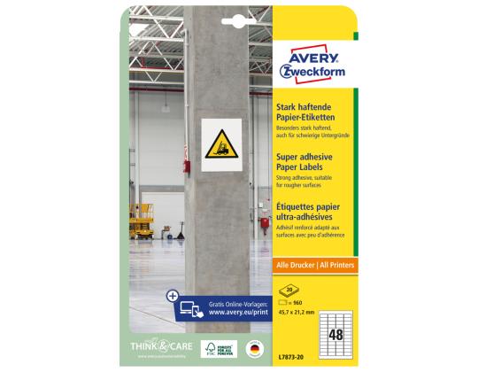 Tarratarra teollinen AVERY Zweckform 45,7x21,2mm 20 arkkia pakkauksessa erittäin vahvalla liimalla (L7873-20)
