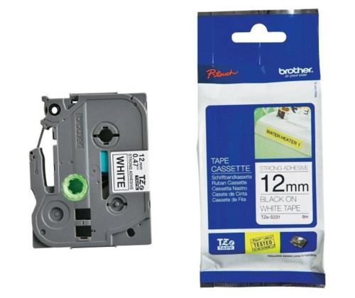 Kirjoitinteippi Brother Strong TZE-S231 12mm, musta teksti, valkoinen pohjaväri