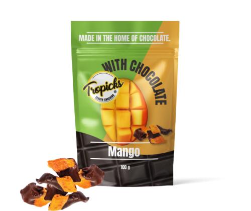 Kuivattua mangoa tummassa suklaassa Tropicks 100g