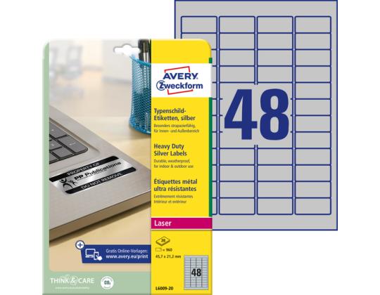 Tarratarra hopeasta polyesterikalvosta AVERY Zweckform 45,7x21,2mm 20 arkkia pakkauksessa (L6009-20)