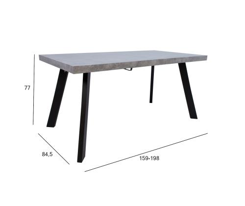 Ruokapöytä BRIGIT 159/198x84,5xH77cm, betoni, MDF, metallijalat