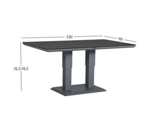 Pöytä TOMSON 150x90xH52-75cm, tummanharmaa lasilevyllä