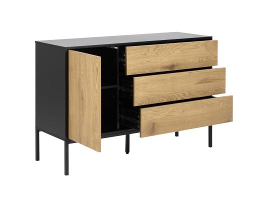 Lipasto SEAFORD, 120x40xH82cm, 3 laatikkoa, runko: MDF, musta matta, 1 ovi: huonekalulevy laminoidulla pinnoitteella, väri: tammi