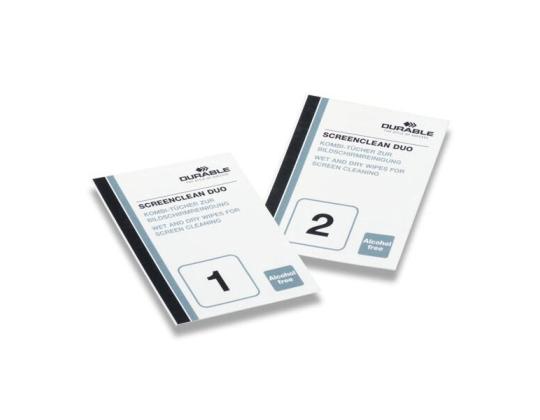 Näytön puhdistusliinat kostutettu DURABLE Screenclean Duo märkä+kuiva 10 kpl pakkauksessa