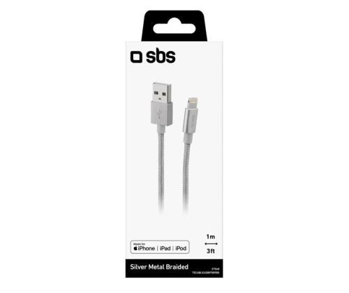 SBS Silver Metal Braided, USB-A - Lightning, hopea - kaapeli, hopea