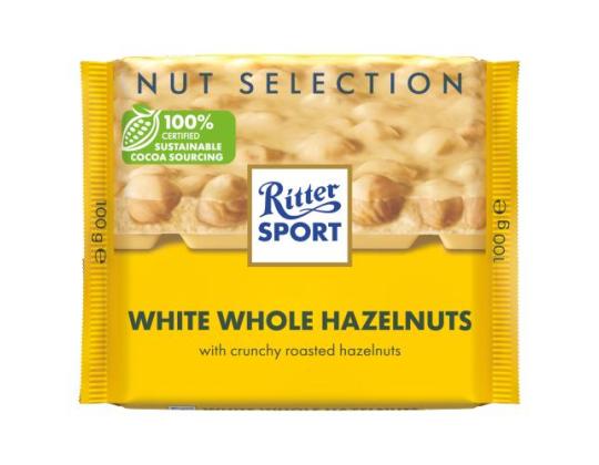 Valkosuklaa RITTER SPORT kokonaisilla hasselpähkinöillä 100g
